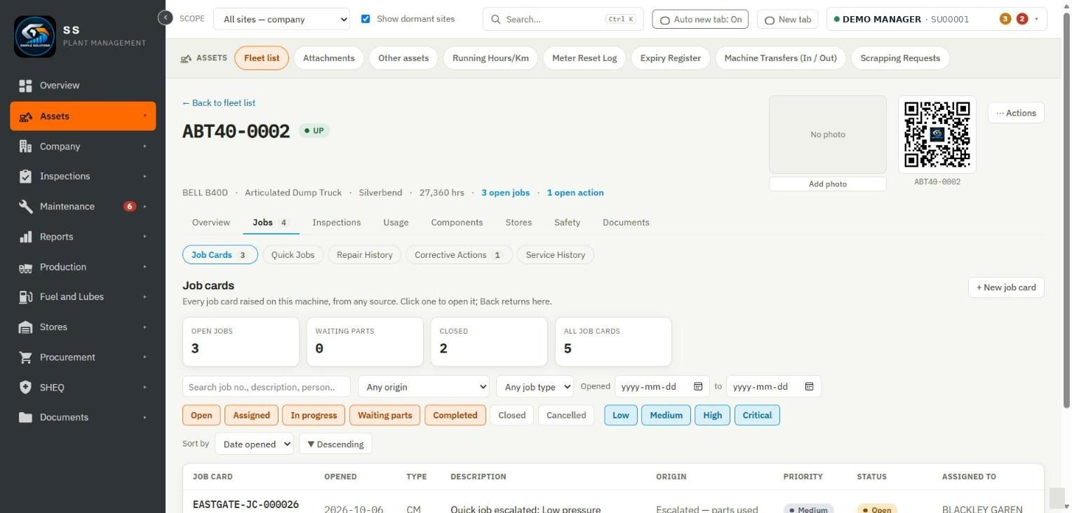 The machine file: jobs, inspections, usage, components and documents for one machine